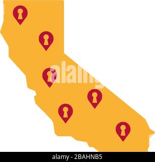 Icona del vettore immobiliare in California. Mappa dello stato d'oro e marcatori mappa con keyholes. Idea di branding, emblema biglietto da visita. Illustrazione Vettoriale