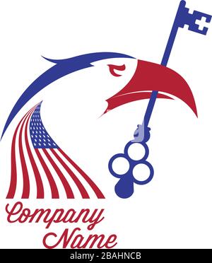 USA immobiliare società emblema idea. L'aquila calva tiene la chiave. Colori della bandiera americana. Illustrazione vettoriale. Illustrazione Vettoriale