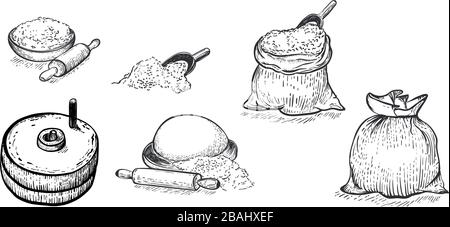 Set di farina, mulino a mano, grano, grano, sacco di farina, ingredienti. Illustrazione vettoriale disegnata a mano. Stile di incisione. Set grande. Illustrazione Vettoriale