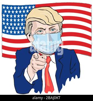 Cartoon Portrait Presidente in maschera medica punti di legame con il dito Illustrazione Vettoriale