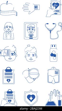 online medico salute medicina cura linea blu stile icone impostare vettore illustrazione Illustrazione Vettoriale