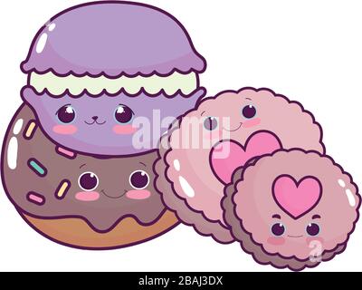 carino cibo macaroon ciambelle e biscotti dolce dolce pasticceria cartoon vettore illustrazione disegno isolato Illustrazione Vettoriale