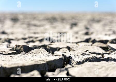 Secco cracking terra, desolato landcape in riva al mare con cielo blu. Marrone, beige, marrone chiaro e grigio. Concetto di riscaldamento globale. Foto Stock