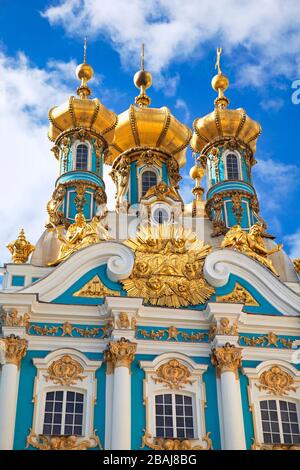 La cipolla dorata cupole sul Palazzo di Caterina, il Museo dell'Eremo di Stato (Palazzo d'Inverno), Tsarskoye Selo (Pushkin), a sud di San Pietroburgo, in russo F. Foto Stock