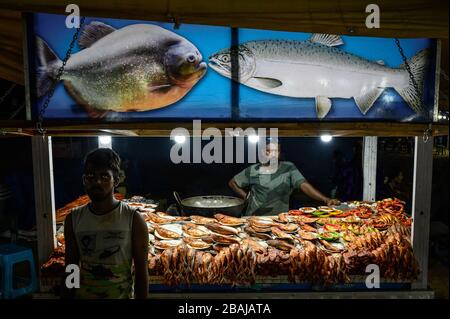 Due uomini in piedi in una stalla di pesce, Marina Beach, Chennai, India Foto Stock