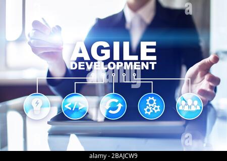 Sviluppo agile, concetto di programmazione software e applicazioni su schermo virtuale Foto Stock