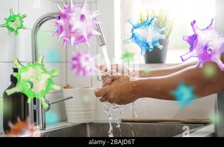 Concetto di uccisione di germi con la mano di lavaggio Foto Stock