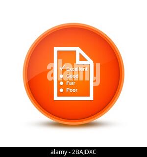 Indagine (icona del questionario) isolata su bottone rotondo arancione vetroso astratto Foto Stock