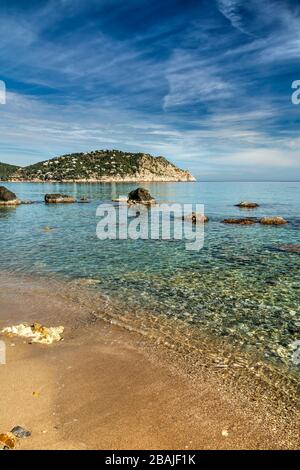 Es Figueral Spiaggia, Ibiza, Isole Baleari, Spagna Foto Stock