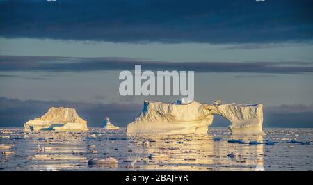 Icebergs al tramonto. Disko Bay, Groenlandia occidentale. Foto Stock