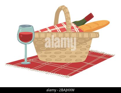 Cestino con vino e pane per pic-nic e panno Illustrazione Vettoriale