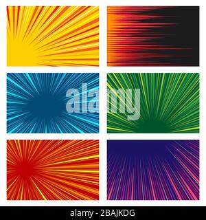 Set di sei coloratissimi movimenti radiali e lineari a velocità, isolati su bianco. Illustrazione vettoriale. Illustrazione Vettoriale