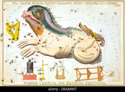 Salterium Georgii, fluvio Eridanus, Cetus , officina Sculptoris, Fornax Chemica, e Machina Electra, carta celeste, parte dello specchio dell'Urania Set, una veduta dei cieli, incisa da Sidney Hall, pubblicata per la prima volta nel 1824 Foto Stock