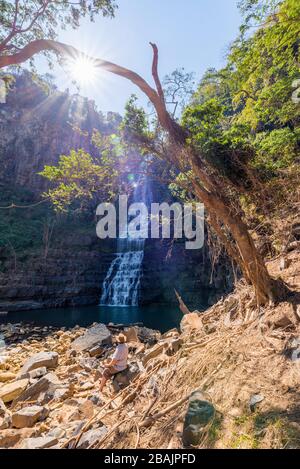 Danni causati da Cyclone Idai visto a Bridal Veil Falls, Chimanimani, Zimbabwe. Foto Stock