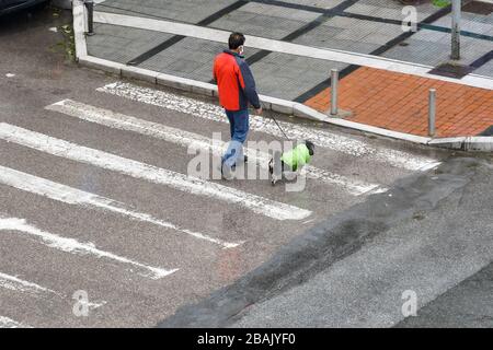 La maschera protettiva per il viso, indossata da uomini, tiene un cane sul guinzaglio in una strada vuota della città, a causa delle restrizioni sul traffico del coronavirus a Salonicco, Grecia. Foto Stock