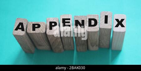 appendice parola scritta su blocco di legno. appendice testo su tabella, concetto Foto Stock