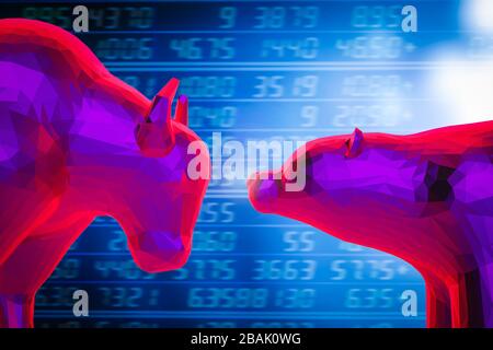 Concetto di economia di Bull and Bear con rendering 3d di bull and Bear sullo sfondo del grafico del mercato azionario Foto Stock