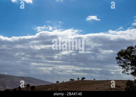 Vista minimalista, paesaggio, promesso collina di terra come visto dal Monte Nebo, Regno di Giordania, Medio Oriente, belle nuvole nel pomeriggio invernale ventoso Foto Stock