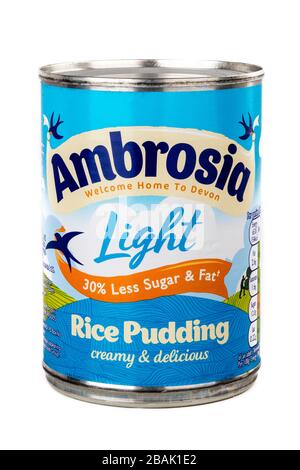 budino di riso ambrosia, ambrosia, budino di riso, dessert, lattina, stagnato, logo, prodotto, ritaglio, fondo bianco, budino di riso ambrosia leggero Foto Stock