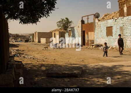 Bambini e cani randagi nel Cestino del Cairo Foto Stock