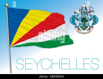 Seychelles bandiera nazionale ufficiale e stemma, oceano indiano, illustrazione vettoriale Illustrazione Vettoriale