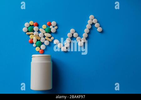 Mucchio di pillole su sfondo blu pillole di medicina farmaceutica assortite, compresse e capsule e flacone su sfondo blu. Foto Stock