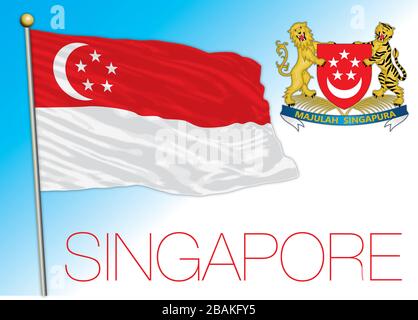 Bandiera nazionale ufficiale di Singapore e stemma, paese asiatico, illustrazione vettoriale Illustrazione Vettoriale