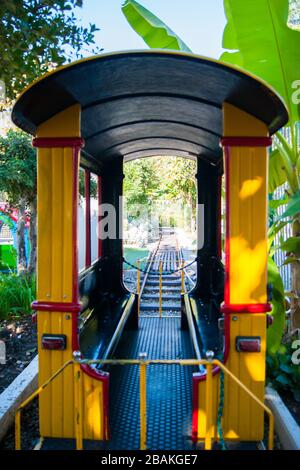 Treno per bambini al parco divertimenti Riviera, Sochi. Riposo, tropici, vacanza, attivazione. Foto verticale Foto Stock