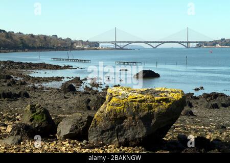 Vue sur les ponts de l'Iroise et Albert Louppe depuis les rives de l'Elorn à Plougastel dans la rade de Brest Foto Stock