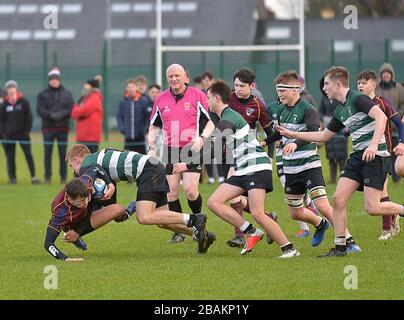 Azione da Ulster Schools gioco di rugby tra Foyle College e Campbell College, Derry, Irlanda del Nord. ©George Sweeney / Alamy Stock Photo Foto Stock