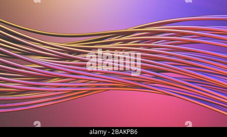 3D astratto rappresentazione illustrazione di colorato metallo lucido tubi e linee con forme intrecciate, futuristico, colori al neon Foto Stock