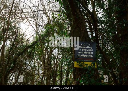 CCTV che opera per prevenire e rilevare il segnale Flytipping sul tronco dell'albero in un bosco in Weald di Kent vicino a Tunbridge Wells, Inghilterra Foto Stock