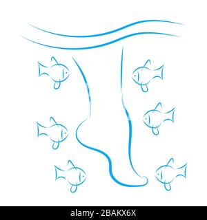 Pesce spa pedicure benessere trattamento di cura della pelle. Piedi blu femmina in acqua con molti pesci. Trattamento dei piedi di pesce e concetto di pedicure. Donna gambe Illustrazione Vettoriale