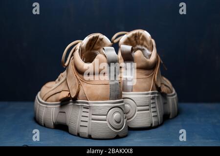 Scarpe in pelle marrone per donna su sfondo grigio. Tendenza moda Foto Stock