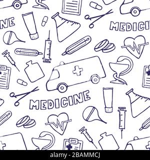 Medicina seamless doodle pattern per la progettazione. Disegnata a mano health care, farmacia, medico cartoon sfondo. Illustrazioni vettoriali eps 10. Illustrazione Vettoriale