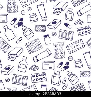 Medicina seamless doodle pattern per la progettazione. Disegnata a mano health care, farmacia, medico cartoon sfondo. Illustrazioni vettoriali eps 10. Illustrazione Vettoriale