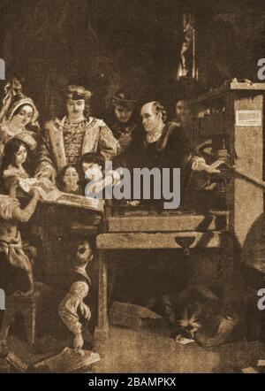 1930s illustrazione di William Caxton che dimostra la sua stampa in Westminster Abbey, Londra, Regno Unito a King Edward IV e la sua regina nel 1477 Foto Stock