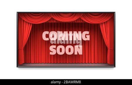 Presto in arrivo poster con le tende da palco rosse in 3D illustrazione Foto Stock