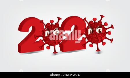 2020 di covid - 19. Coronavirus segnale di avvertimento con immagine del virus su sfondo bianco. Immagine vettoriale. Illustrazione Vettoriale