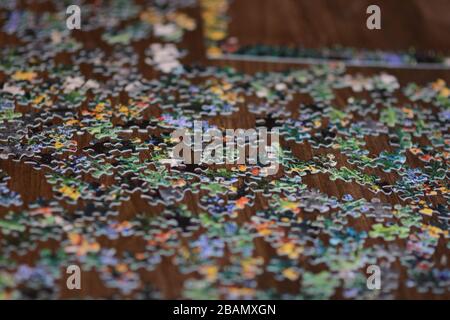 Pezzi di puzzle jigsaw su un piano di tavolo. Primo piano. Messa a fuoco stretta. Concettuale. Foto Stock