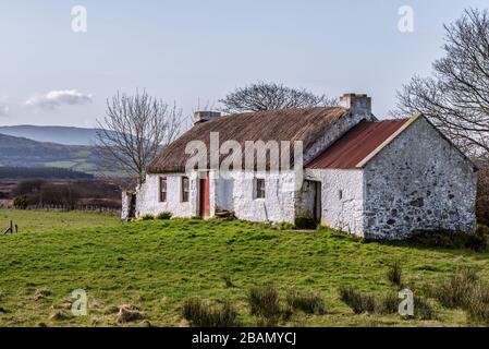 Donegal, Irlanda - 22 Mar 2020: Questo è un vecchio cottage con tetto di paglia abbandonato in Irlanda di Donegal Foto Stock