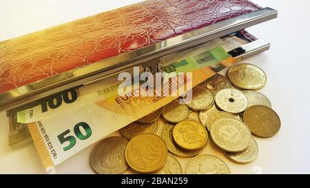 Portafoglio aperto con banconote e monete da 100 euro e 50 euro. Concetto di successo dei soldi Foto Stock