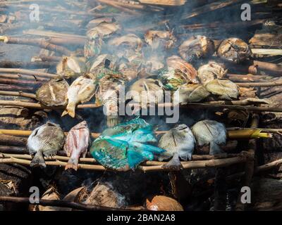 Pesce fresco alla griglia a Karimunjawa, Indonesia Foto Stock