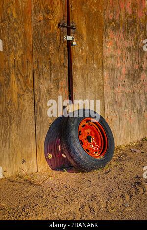 Una ben usata gomma rossa-rimmed siede against una porta del capannone mentre il sole getta un'ombra interessante sul legno Foto Stock