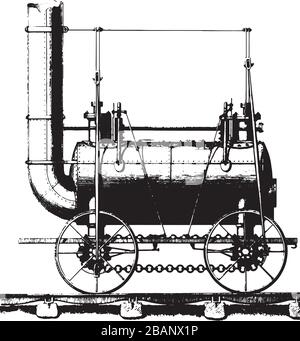 Stephenson Early Steam Engine Line disegno artistico in bianco e nero Illustrazione Vettoriale