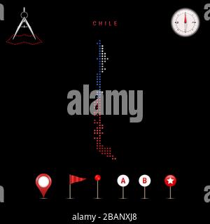 Mappa punteggiata del Cile dipinta nei colori della bandiera nazionale del Cile. Effetto flag di forma d'onda. Strumenti mappa, insieme di icone cartografiche. Illustrazione Foto Stock