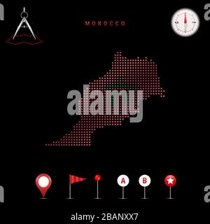 Mappa punteggiata del Marocco dipinta nei colori della bandiera nazionale del Marocco. Effetto flag di forma d'onda. Strumenti mappa, insieme di icone cartografiche. Illustrazione Foto Stock