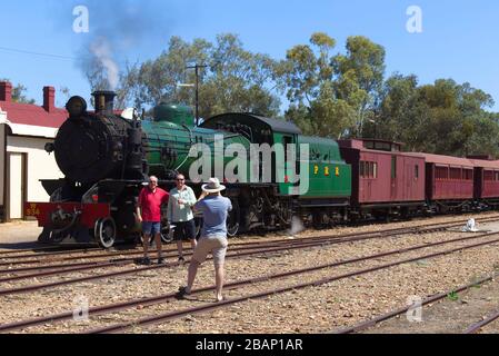 Locomotiva a vapore Heritage sulla ferrovia di Pichi Richi Quorn Flinders Ranges South Australia Foto Stock