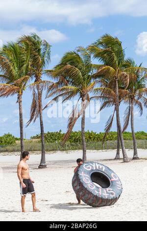 Miami Beach Florida,Lummus Park,grande pneumatico pesante,sollevamento,uomo ispanico uomini maschio adulti,allenamento,esercizio,FL110131047 Foto Stock