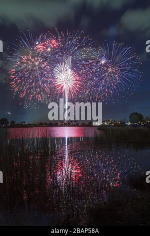 Miami, Florida, Doral, J. C. Bermudez Park, 4 luglio tradizione, fuochi d'artificio, scoppio, acqua, riflessione, FL110704030 Foto Stock